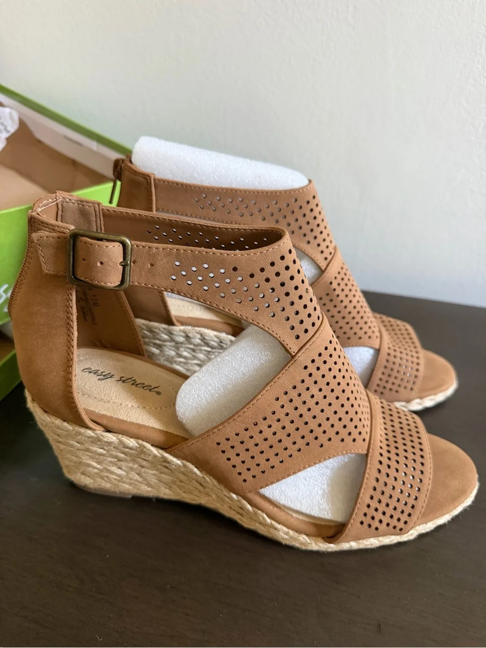 Easy Street Tan Perforated Espadrille Wedge Sandals